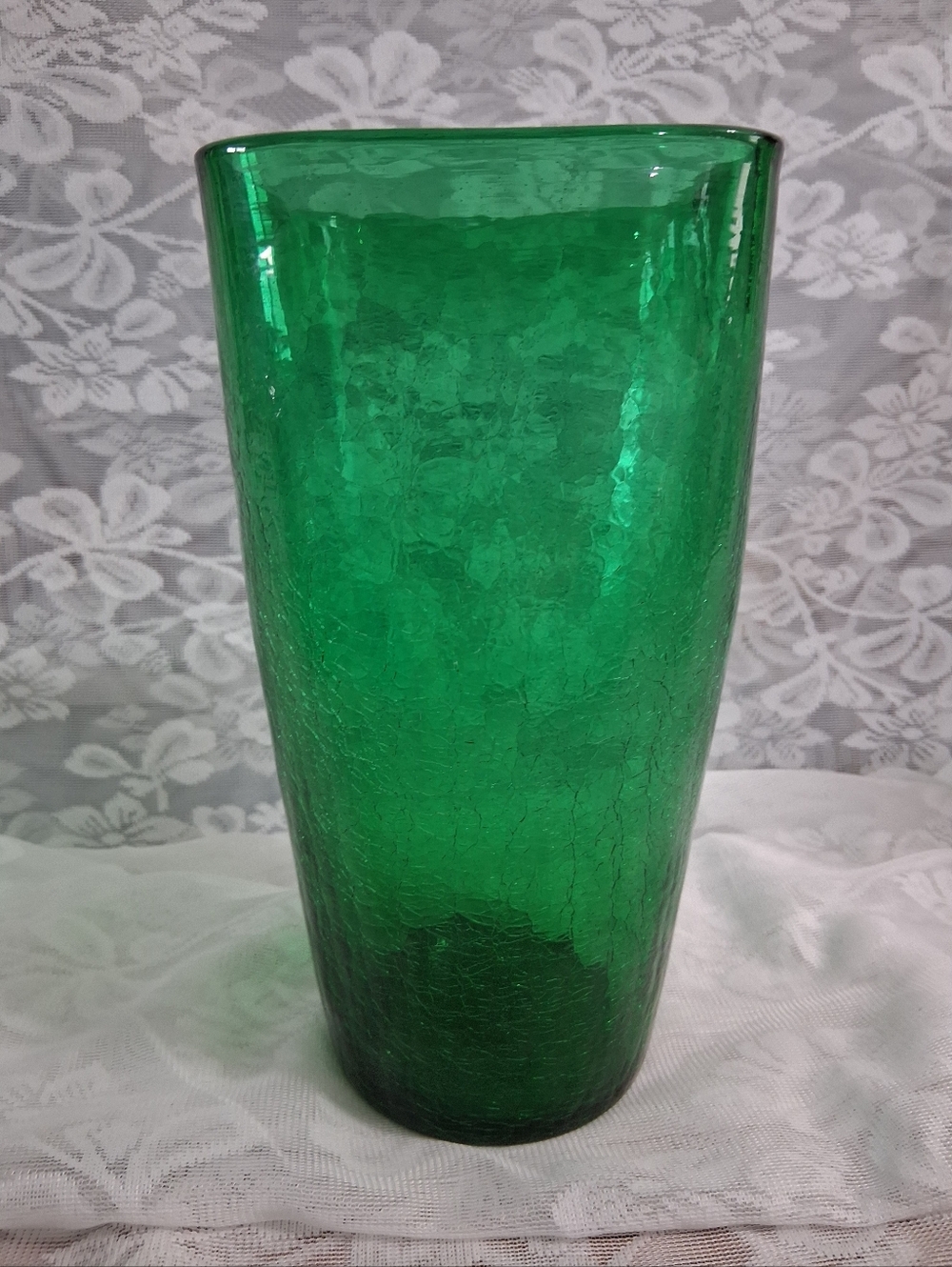 Vintage Blenko Glass Vase Emerald Crackle Finish Square Top Round Bottom
